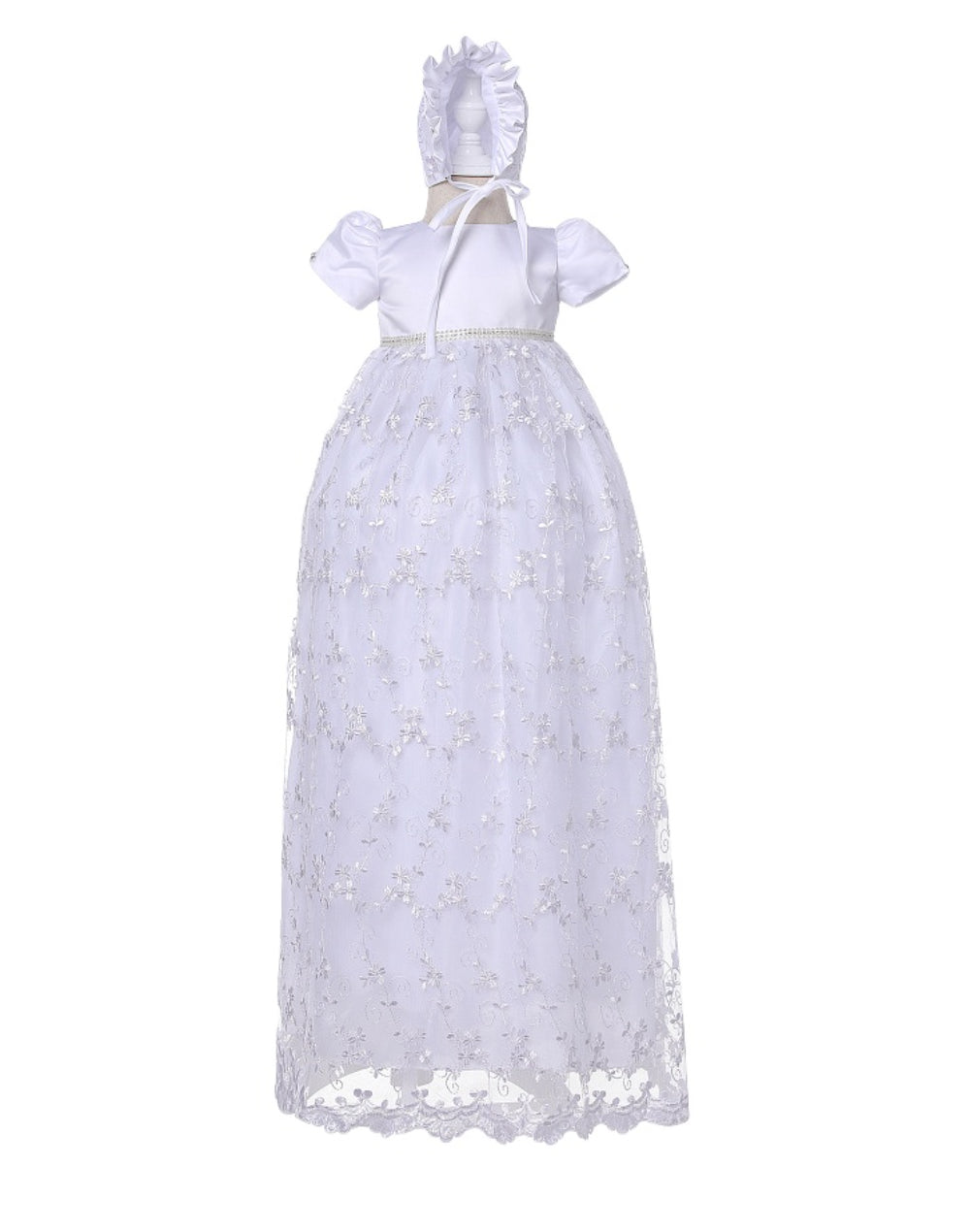 Long Lace Baby Girl Baptism Christening Dress Set – Ivory or White Princess Gown with Bonnet