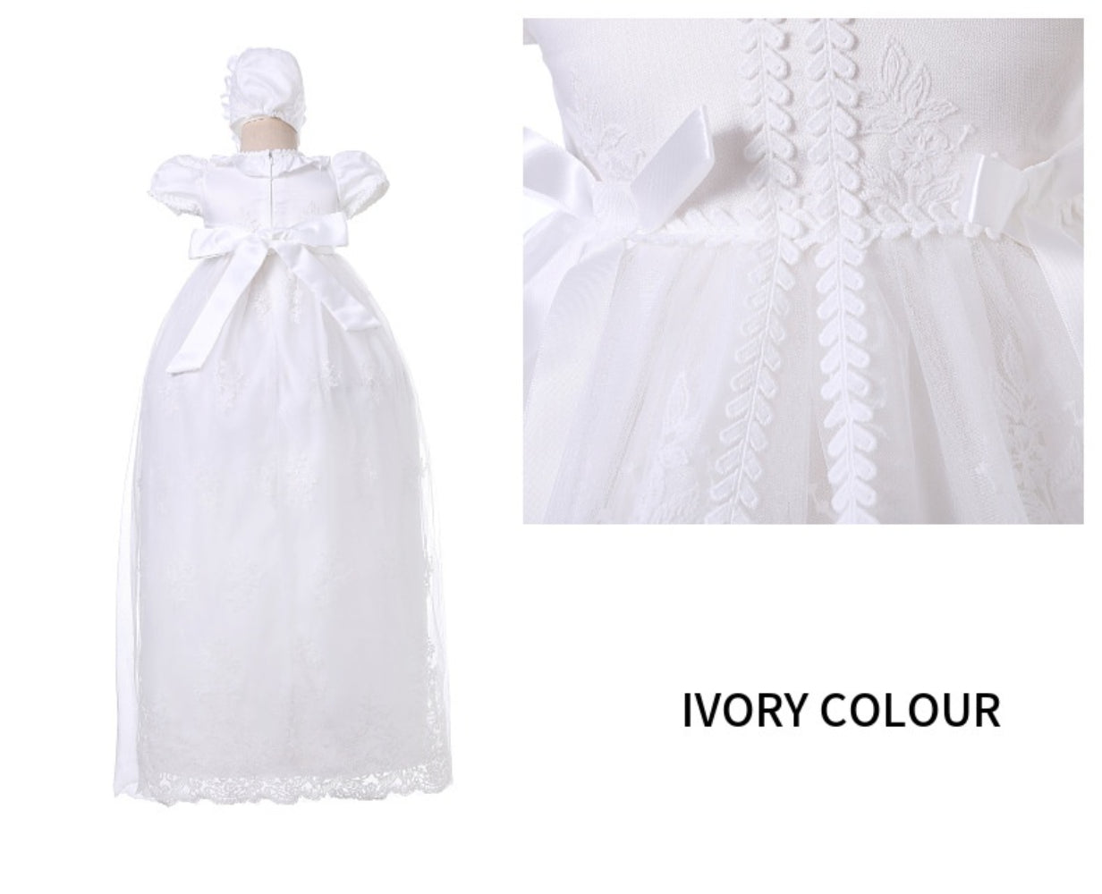 Baby Girl Long Lace Christening Gown with Bonnet – Infant Baptism Dress