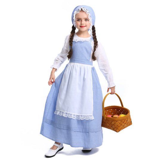Kids Colonial Farm Girl Costume Blue Check Dress Apron Bonnet Outfit Dress