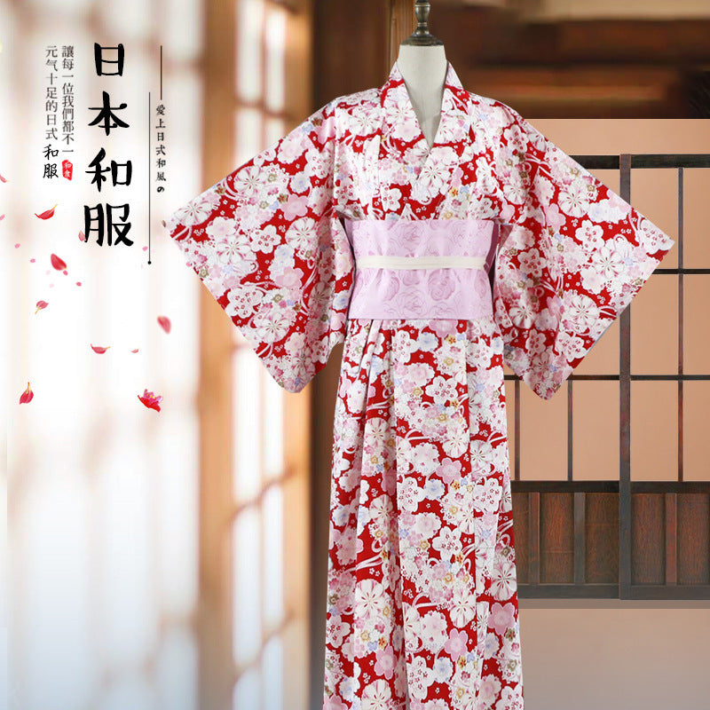 Japanese Women Kimono Robe – Cotton Yukata with Gold Foil Print, Traditional Home Loungewear