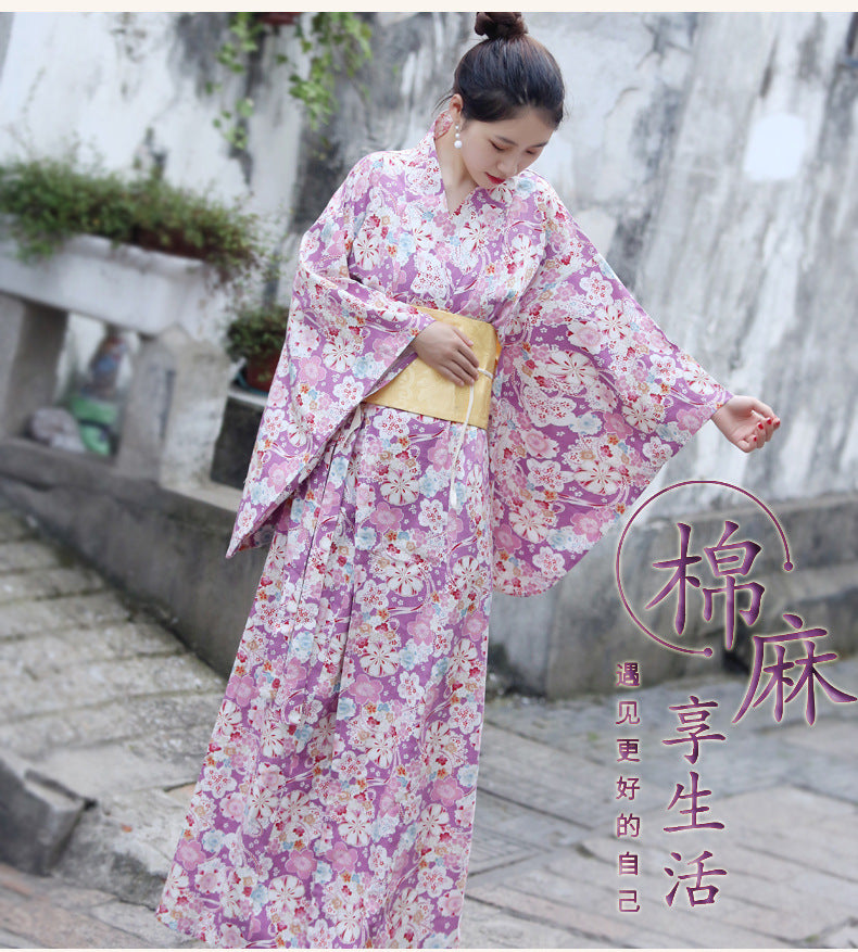 Japanese Women Kimono Robe – Cotton Yukata with Gold Foil Print, Traditional Home Loungewear