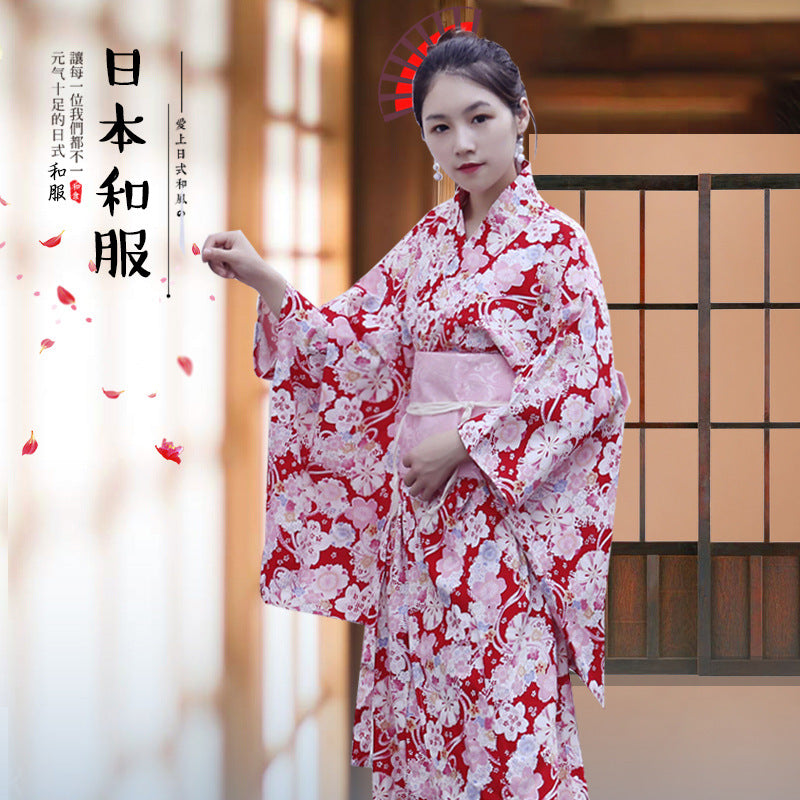 Japanese Women Kimono Robe – Cotton Yukata with Gold Foil Print, Traditional Home Loungewear