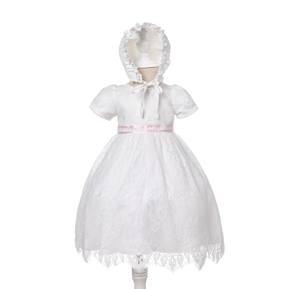 Baby Girl Long Lace Christening Gown – Infant Baptism Dress with Bonnet