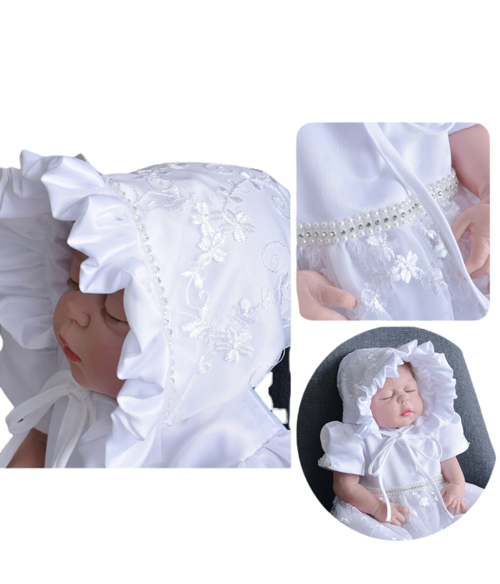 Long Lace Baby Girl Baptism Christening Dress Set – Ivory or White Princess Gown with Bonnet