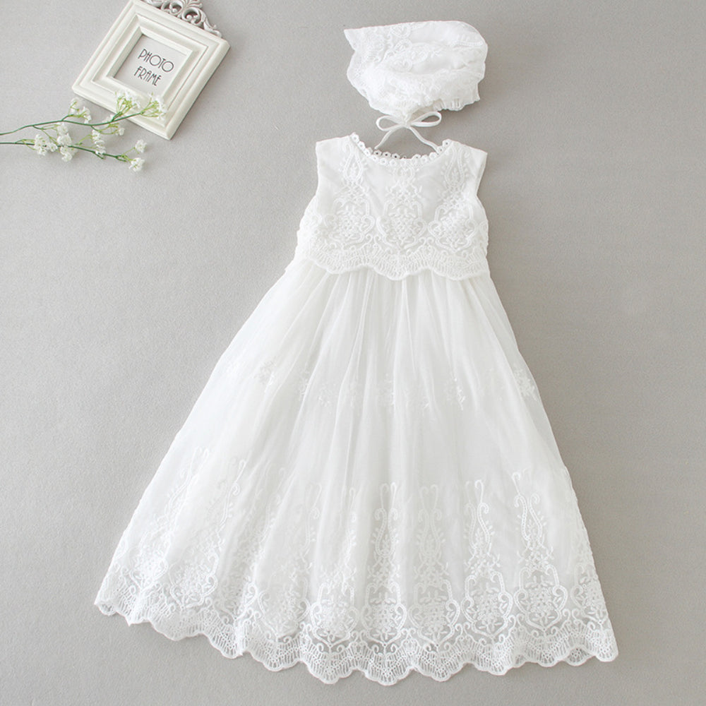 Elegant Lace Baby Christening Gown with Bonnet