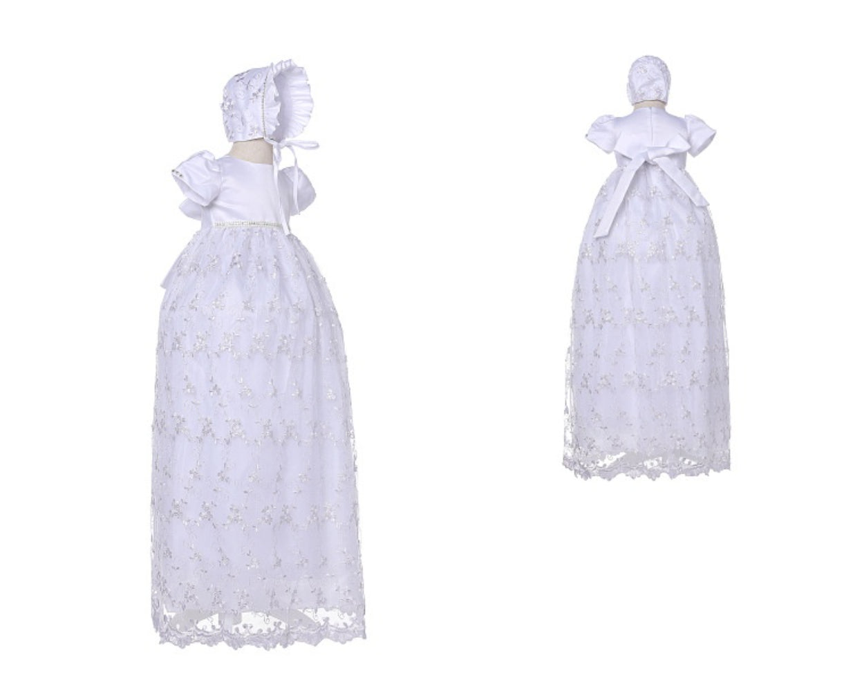 Long Lace Baby Girl Baptism Christening Dress Set – Ivory or White Princess Gown with Bonnet