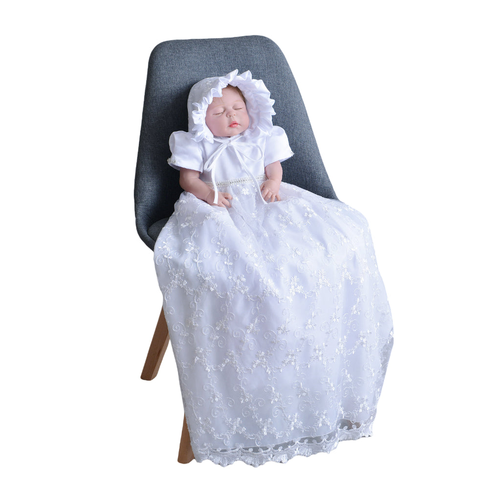 Long Lace Baby Girl Baptism Christening Dress Set – Ivory or White Princess Gown with Bonnet