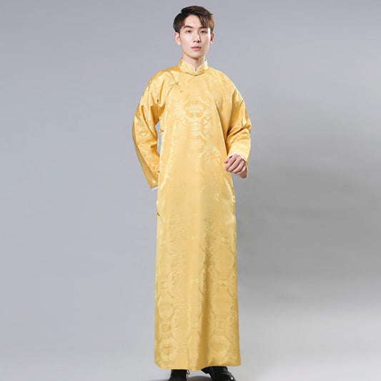 Mens Chinese Changshan Long Gown Groomsman Wedding Host Performance Robe