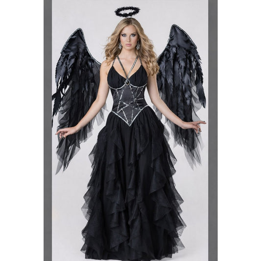Dark Angel Costume Adult Fallen Angel Women Halloween Fancy Dress with Wings and Halo