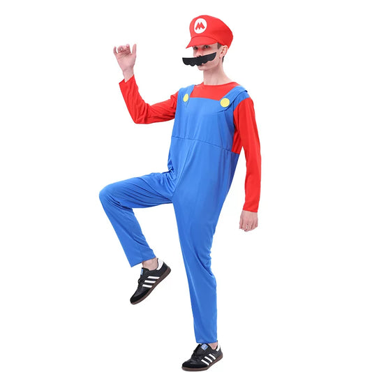 Family Bros Costume Set Adults Kids Game Theme Jumpsuit Hat Mustache