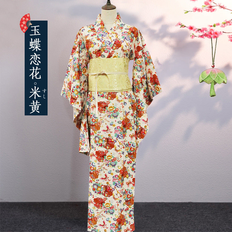 Japanese Women Kimono Robe – Cotton Yukata with Gold Foil Print, Traditional Home Loungewear