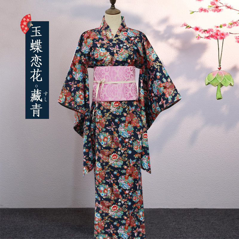 Japanese Women Kimono Robe – Cotton Yukata with Gold Foil Print, Traditional Home Loungewear
