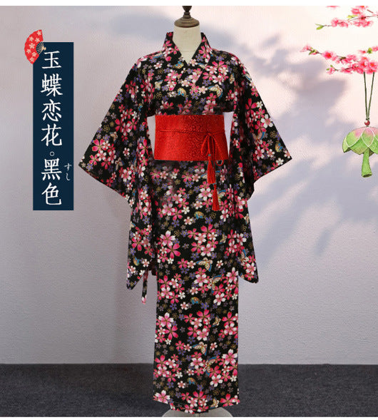 Japanese Women Kimono Robe – Cotton Yukata with Gold Foil Print, Traditional Home Loungewear
