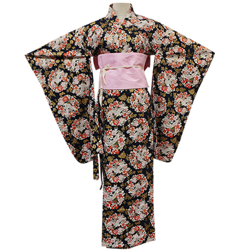 Japanese Women Kimono Robe – Cotton Yukata with Gold Foil Print, Traditional Home Loungewear