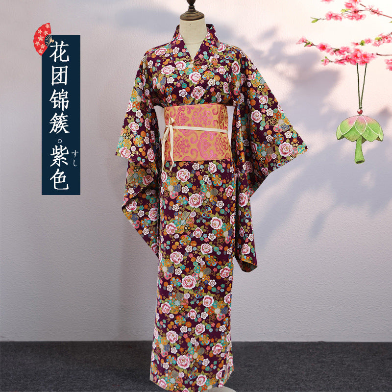 Japanese Women Kimono Robe – Cotton Yukata with Gold Foil Print, Traditional Home Loungewear