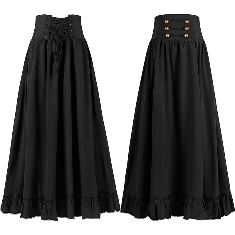 Medieval Vintage Gothic Belted Lace Waist A-line Skirt - Versatile Plus Size Lace Trim Skirt