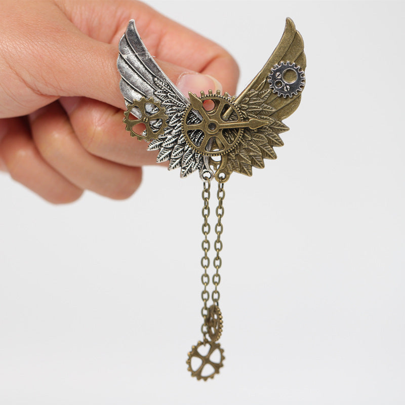 Mechanical Wing Brooch Gear Clock Chain Jacket Lapel Pin