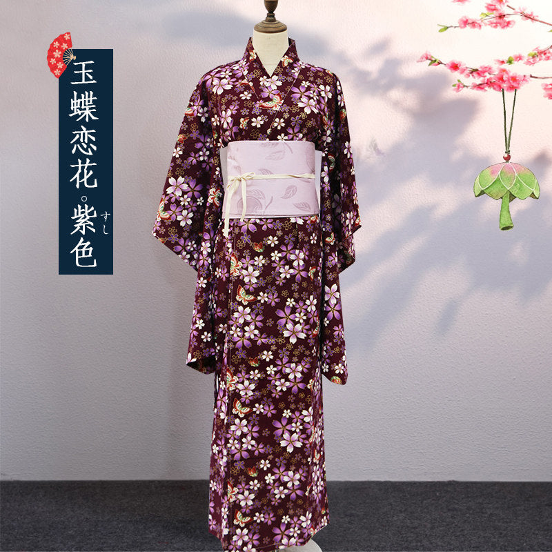 Japanese Women Kimono Robe – Cotton Yukata with Gold Foil Print, Traditional Home Loungewear