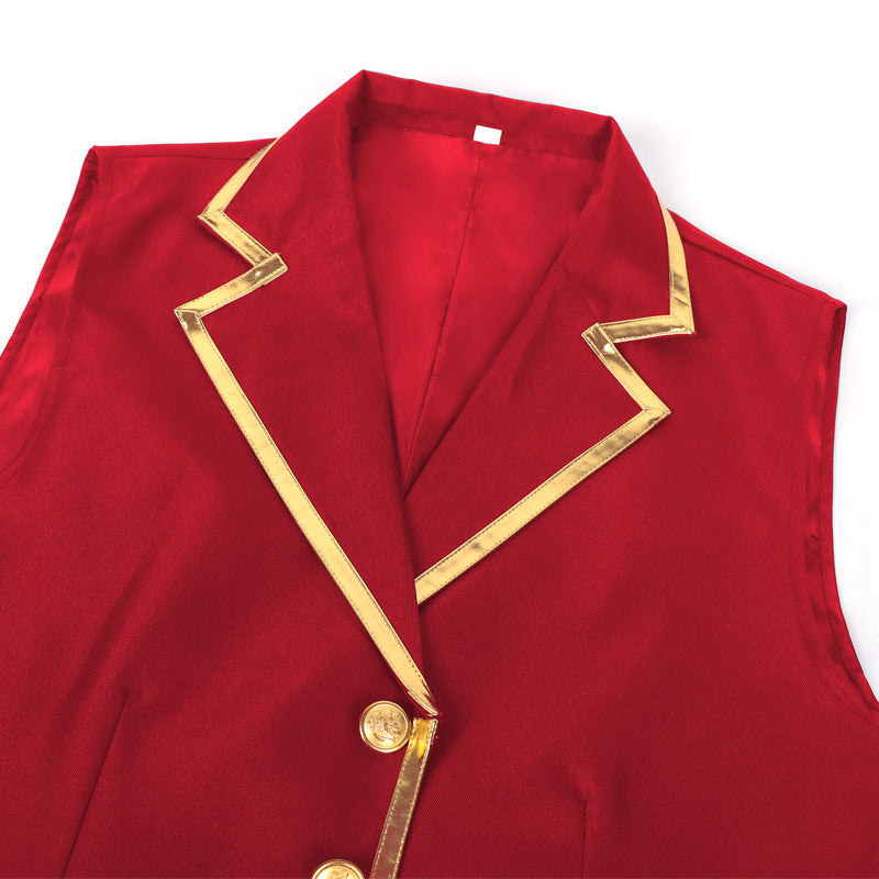 Men’s Fashion Chain Suit Vest – Stage Costume Waistcoat with Gold Trim Buttons