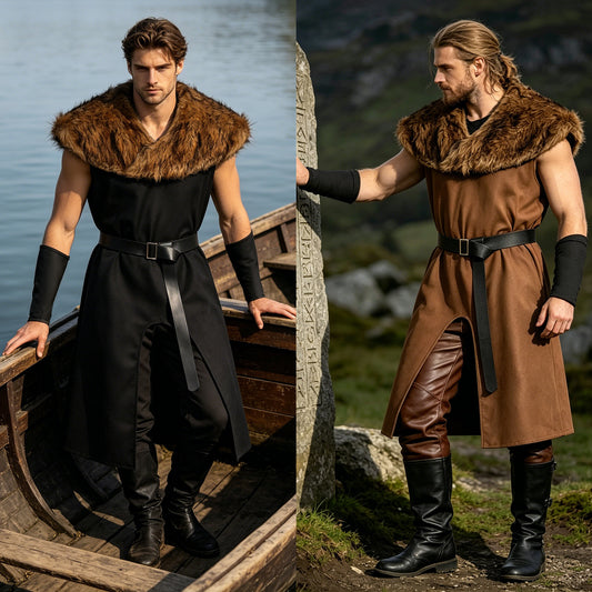 Renaissance Viking Costume for Men Faux Fur Collar Tunic Halloween Cosplay
