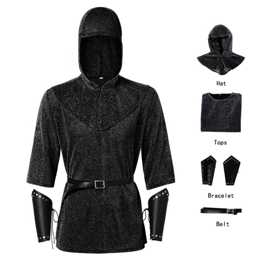Medieval Knight Faux Chainmail Costume Mens Hood Tunic Belt Halloween LARP