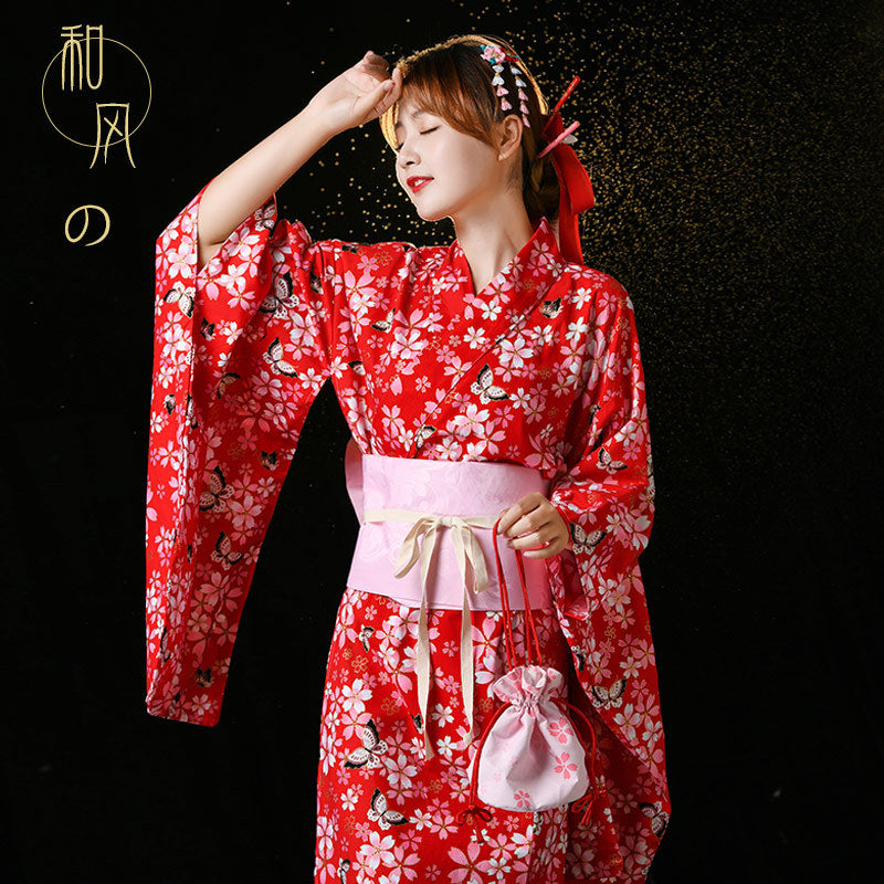 Japanese Women Kimono Robe – Cotton Yukata with Gold Foil Print, Traditional Home Loungewear