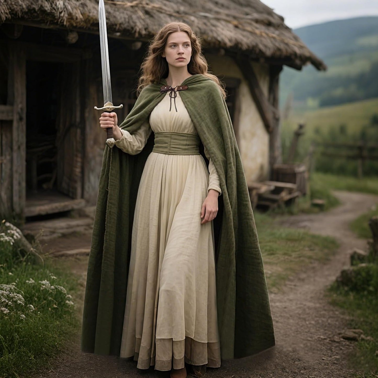 Medieval Ranger Cape Hooded Cloak Linen Shawl LARP Halloween Costume