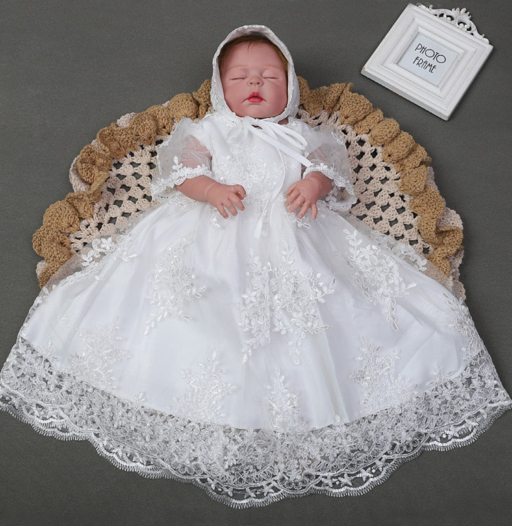 Baby Girl Lace Christening Gown Ivory Long Dress – Infant Baptism Outfit