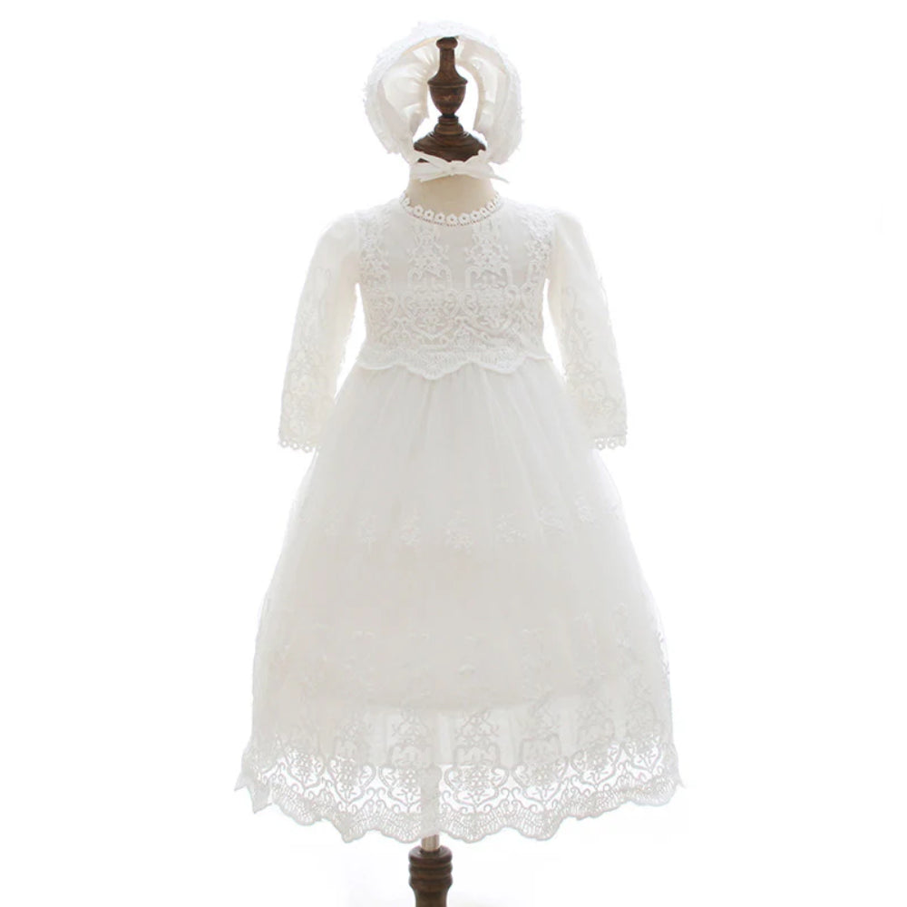 Elegant Lace Baby Christening Gown with Bonnet – Long Sleeve Baptism Blessing Dress for Girls, Infant Special Occasion Outfit for Church or Ceremony