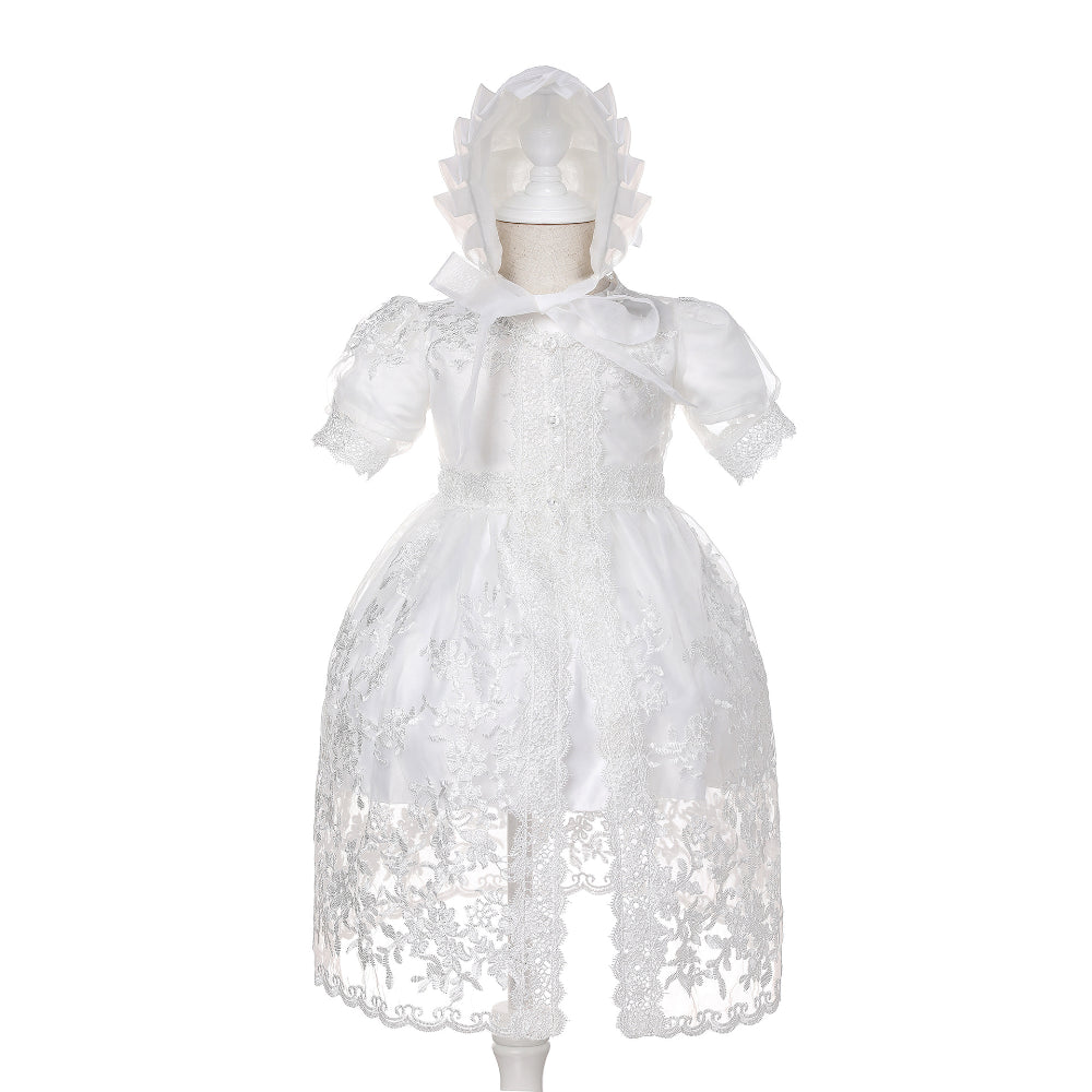 Luxury Baby Girl Lace Baptism Gown Set – Princess Christening Dress with Bonnet and Cape, Vintage Court Style Infant Wedding Outfit MEEJOY