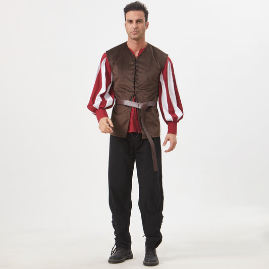 Vintage Medieval Theater Opera Men's Costume Color-Blocked Lace-Up Collar Shirt Cosplay Top