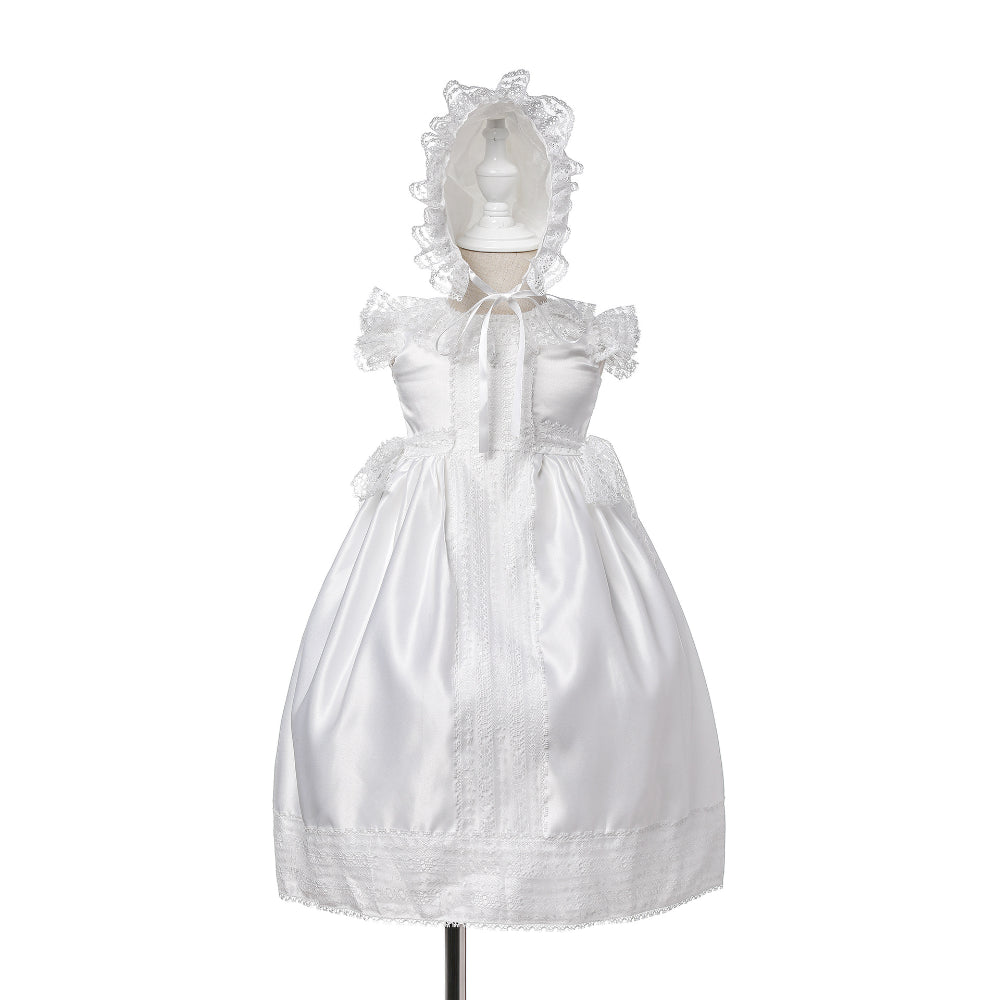 Baby Girl Long Satin Christening Gown – Lace Trim Princess Dress