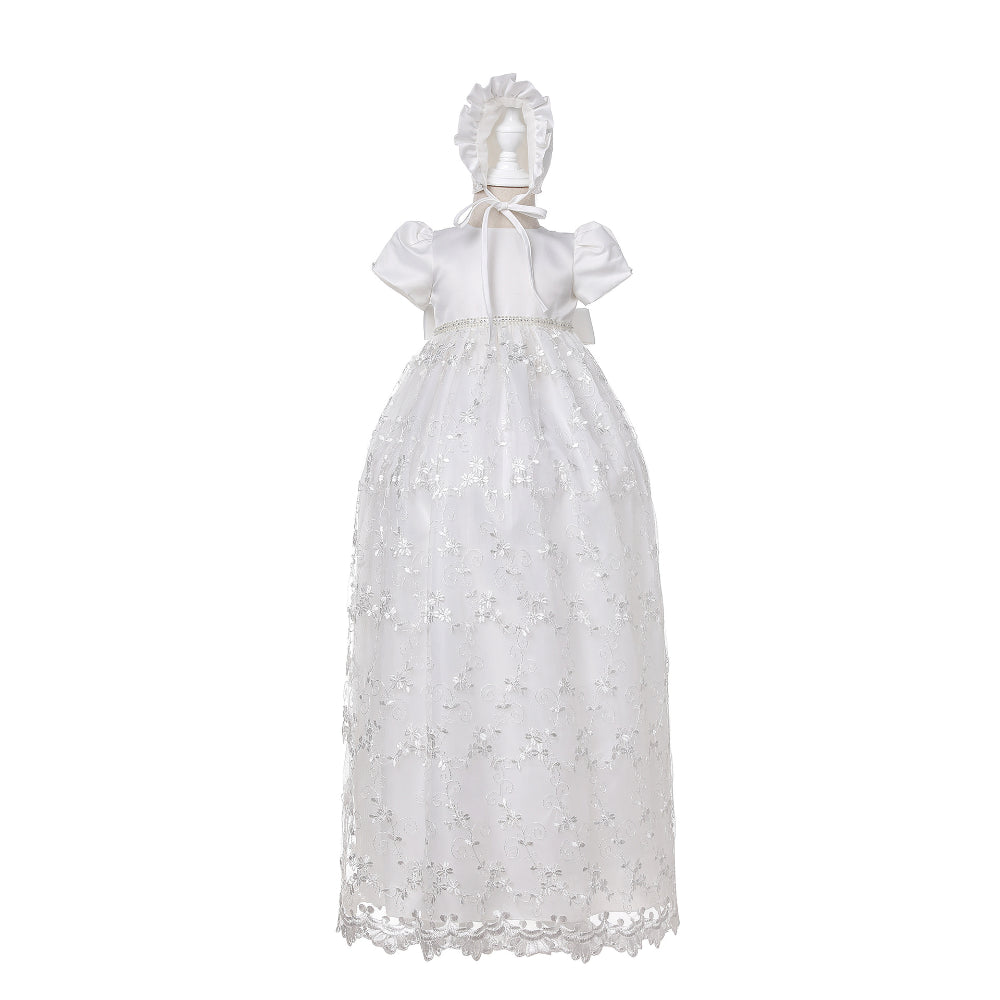 Long Lace Baby Girl Baptism Christening Dress Set – Ivory or White Princess Gown with Bonnet