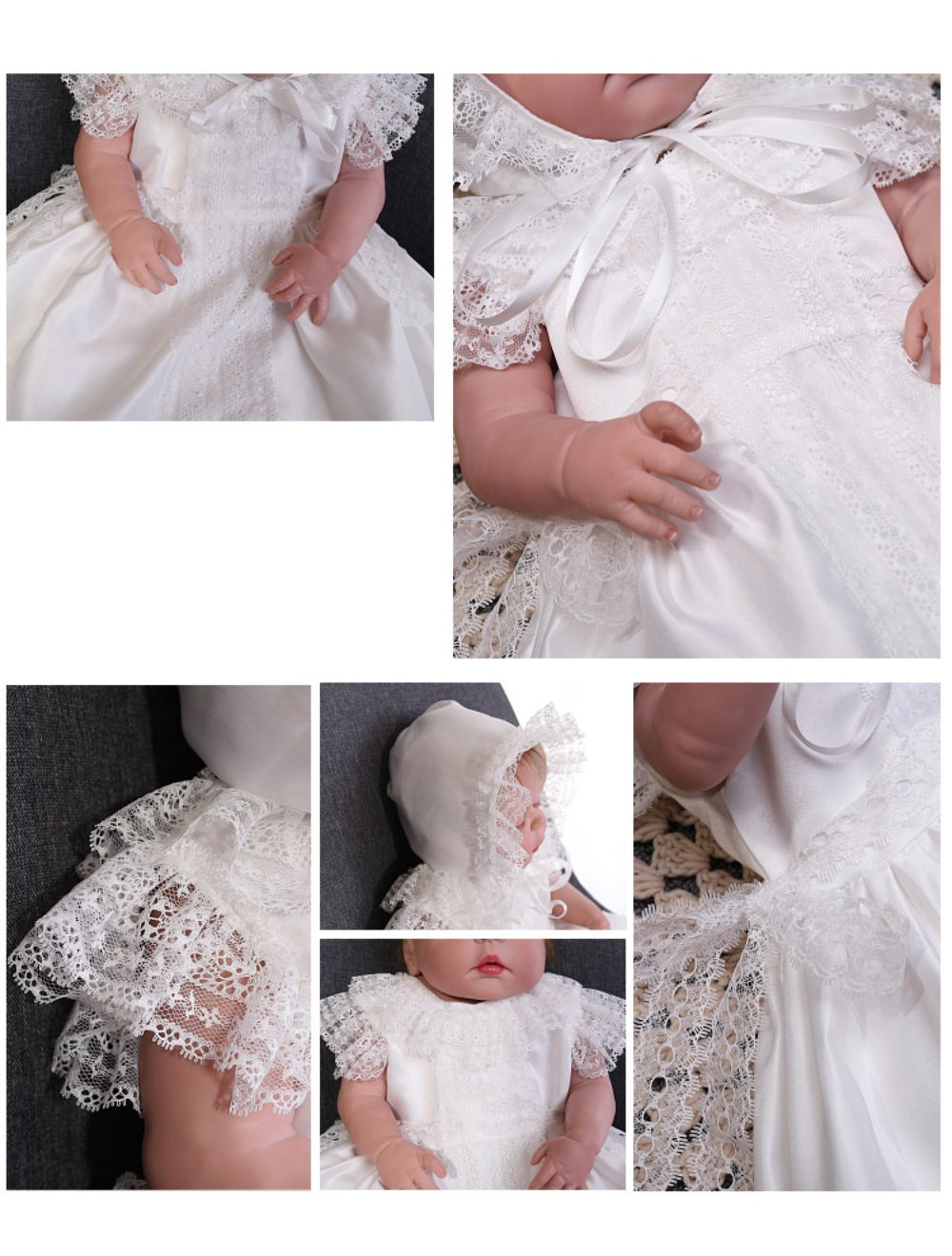 Baby Girl Long Satin Christening Gown – Lace Trim Princess Dress