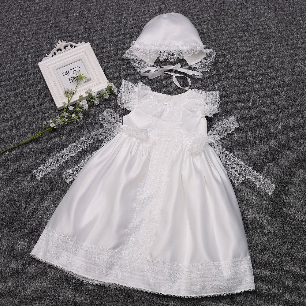 Baby Girl Long Satin Christening Gown – Lace Trim Princess Dress