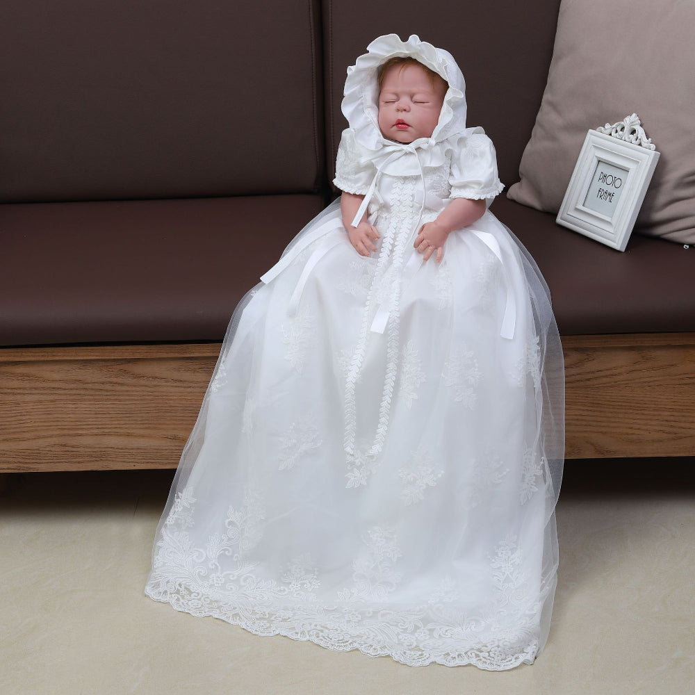 Baby Girl Long Lace Christening Gown with Bonnet – Infant Baptism Dress