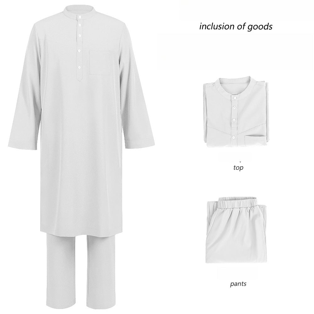 Men's Islamic Thobe Jubba Kandura Set with Sirwal Pants – Traditional Middle Eastern Muslim Robe Outfit Bisht