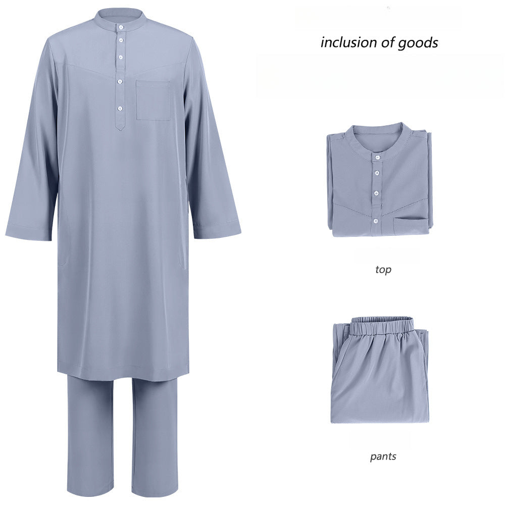 Men's Islamic Thobe Jubba Kandura Set with Sirwal Pants – Traditional Middle Eastern Muslim Robe Outfit Bisht