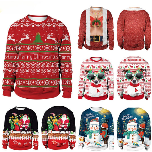 Adults Christmas Apparel Round Neck Christmas Deer Couple Digital Print Sweater