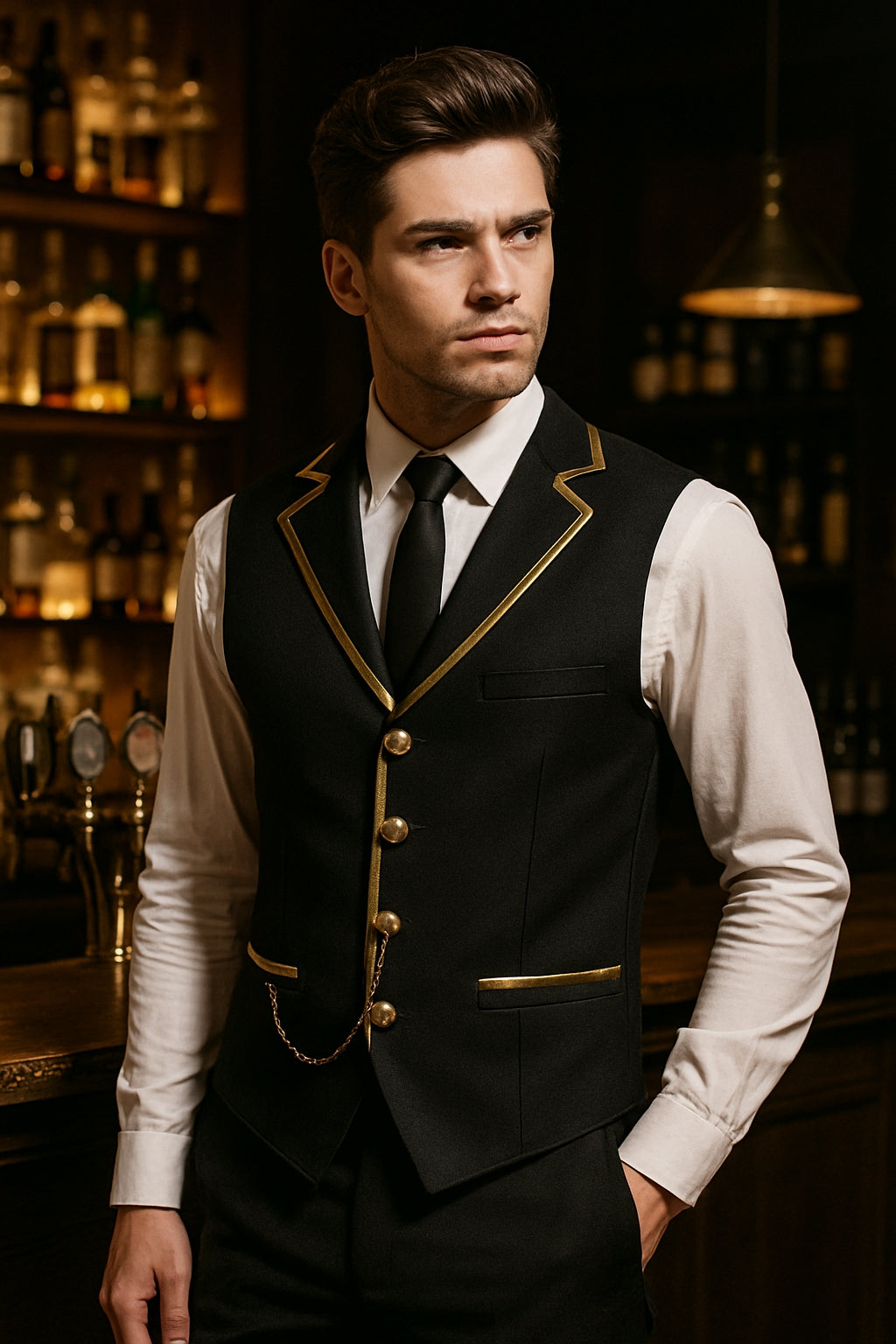 Men’s Fashion Chain Suit Vest – Stage Costume Waistcoat with Gold Trim Buttons