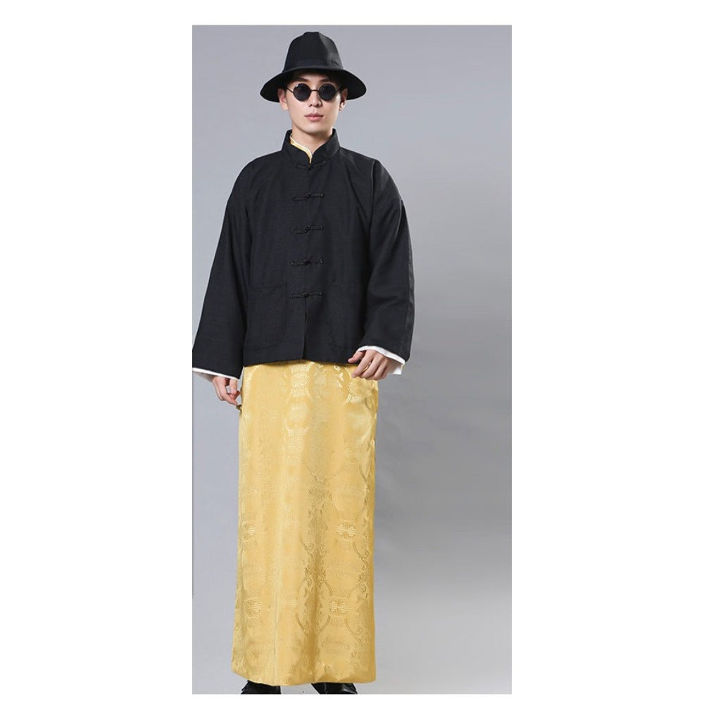 Mens Chinese Changshan Long Gown Groomsman Wedding Host Performance Robe