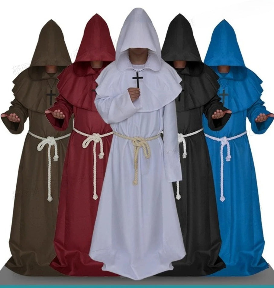 Men Medieval Friar Hooded Robe Monk Cross Necklace Renaissance Halloween Costume