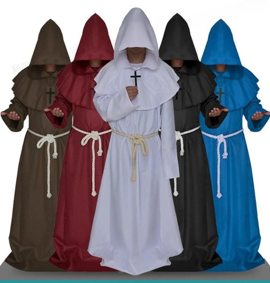 Men Medieval Friar Hooded Robe Monk Cross Necklace Renaissance Halloween Costume