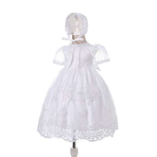 meejoy Baby Girl Lace Christening Gown Ivory Long Dress – Infant Baptism Outfit 