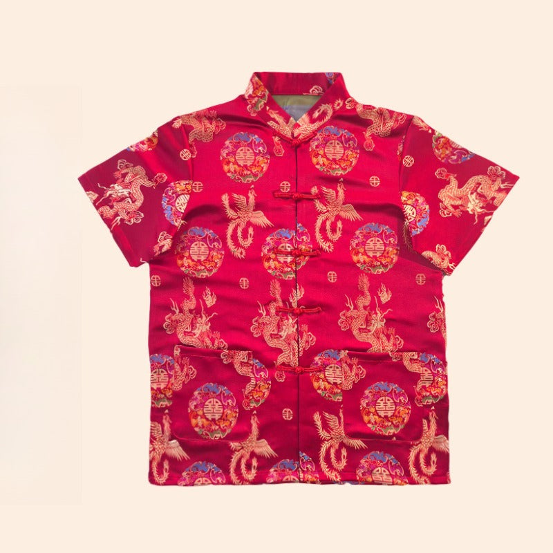Chinese Traditional Red Tang Suit Top Mens Kung Fu Wedding Banquet Shirt