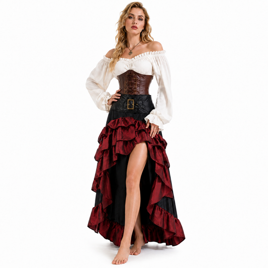 Women's Victorian Gothic High-Low Ruffle Skirt Steampunk Party Costume | MEEJOY