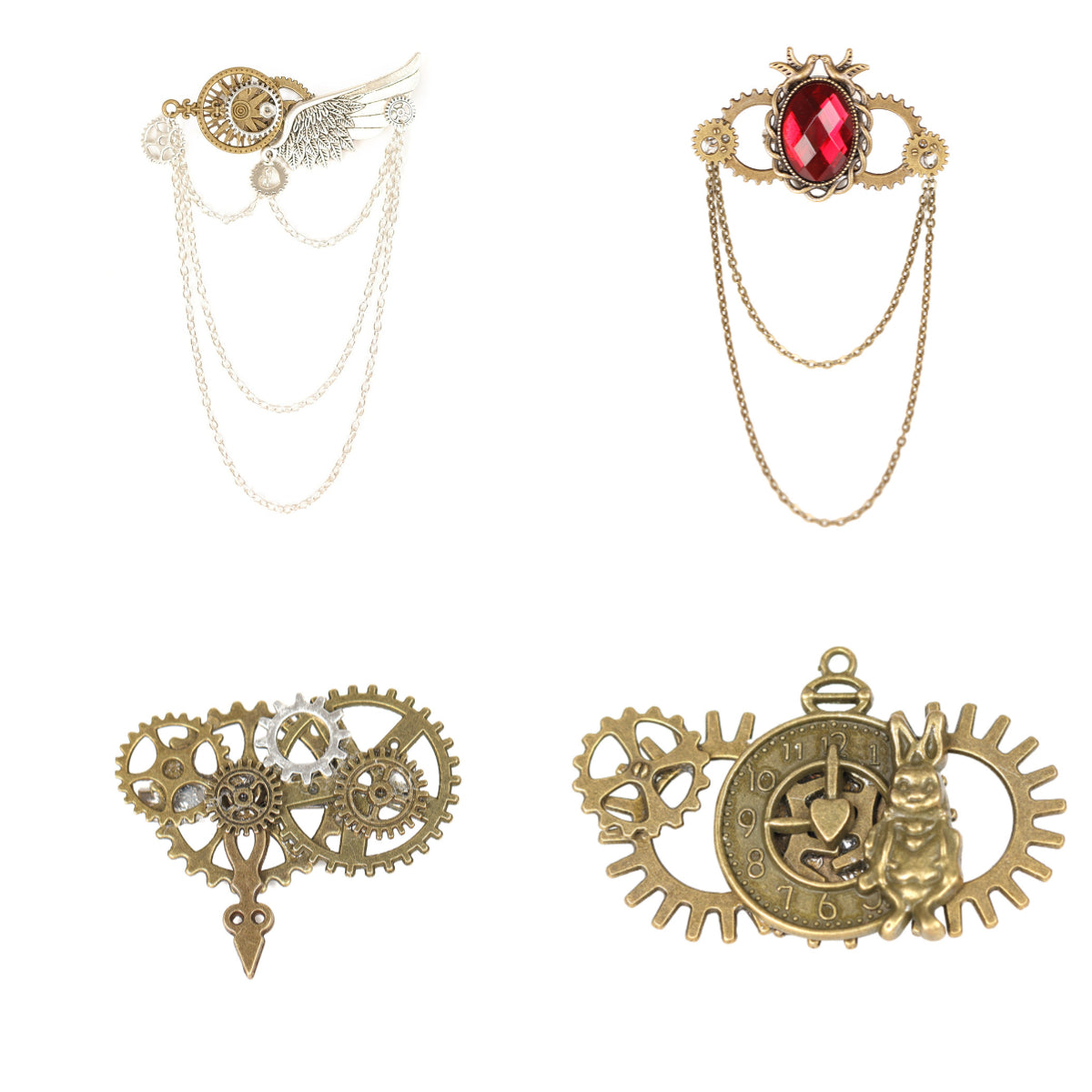 Steampunk Gear Wing Brooch Victorian Gothic Chain Lapel Pin Cosplay Accessory