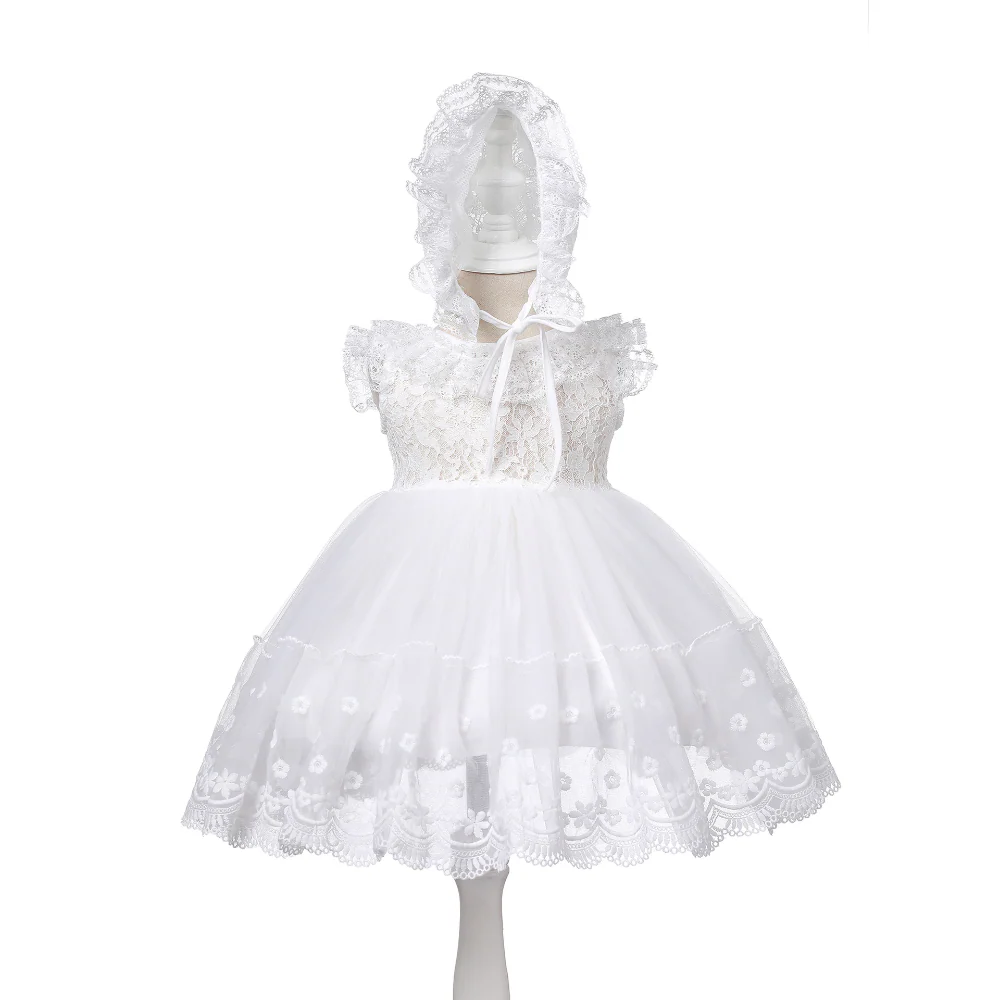 Baby Girl Lace Christening Dress with Hat – Sleeveless Princess Gown with Ruffle Collar MEEJOY