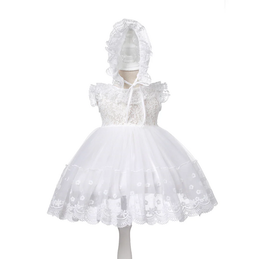 Baby Girl Lace Christening Dress with Hat – Sleeveless Princess Gown with Ruffle Collar MEEJOY