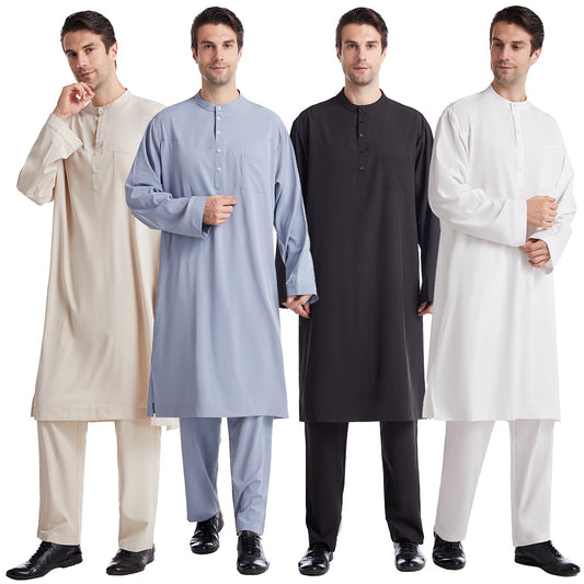 Men's Islamic Thobe Jubba Kandura Set with Sirwal Pants – Traditional Middle Eastern Muslim Robe Outfit Bisht